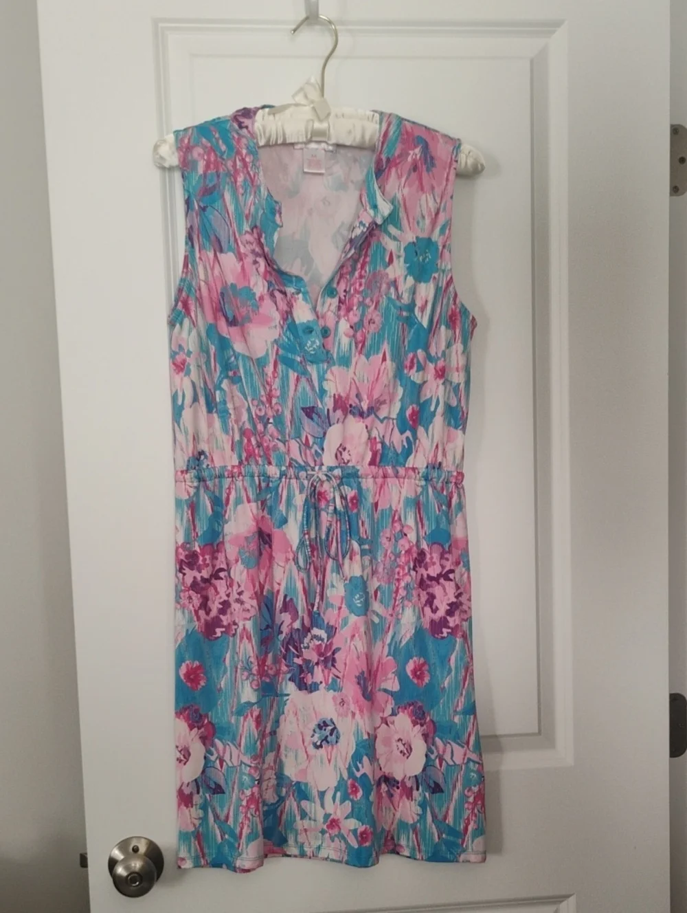 Sleeveless Floral Drawstring Summer Dress in Turquoise & Pink